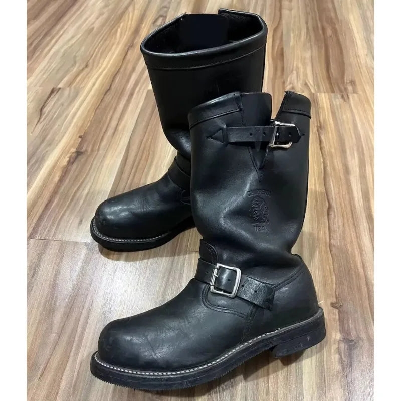Handmade Vintage Velvet Khaki Work Boots Men's American Style Mid-Calf Retro Thick Bottom Belt Buckle Motor Vehicle Engineeri
