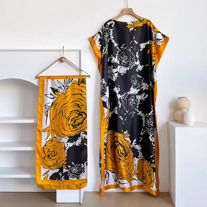 Ladies Scarf New Dubai Fashion Print Design Women Long Dress 2026 Summer Beach Party Loose Dress Silk Soft African Abaya MOOMOO