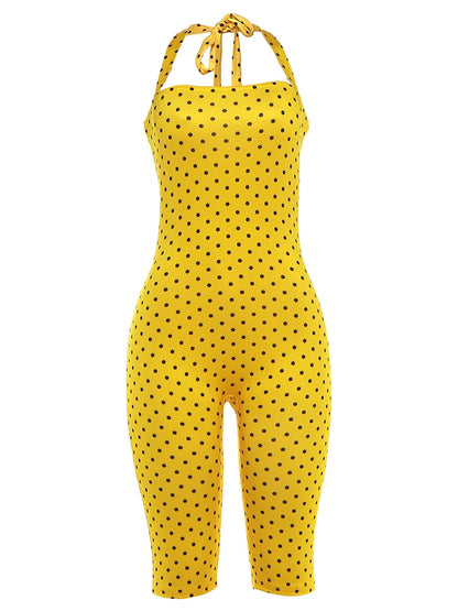 Weird Puss Sexy Backless Rompers Woman Polka Dot Print Bandage Halter Sleeveless Skinny Peach Hip High Street Fashion Playsuits