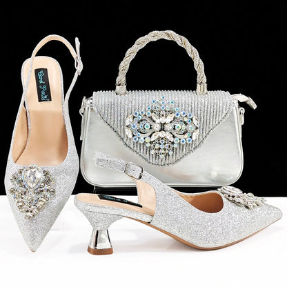 Hot Selling Elegant Noble Colorful Rhinestone Design White Color Party Wedding Pointed Toe High Heel Women Shoes and Bag Set