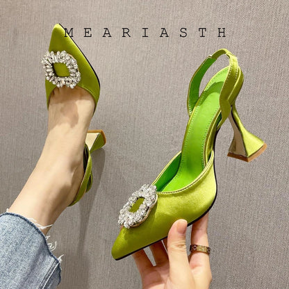 Brand Silk Women Pumps Luxury Crystal Slingback High Heels Summer Bride Shoes Comfortable triangle Heeled Party Wedding Shoes