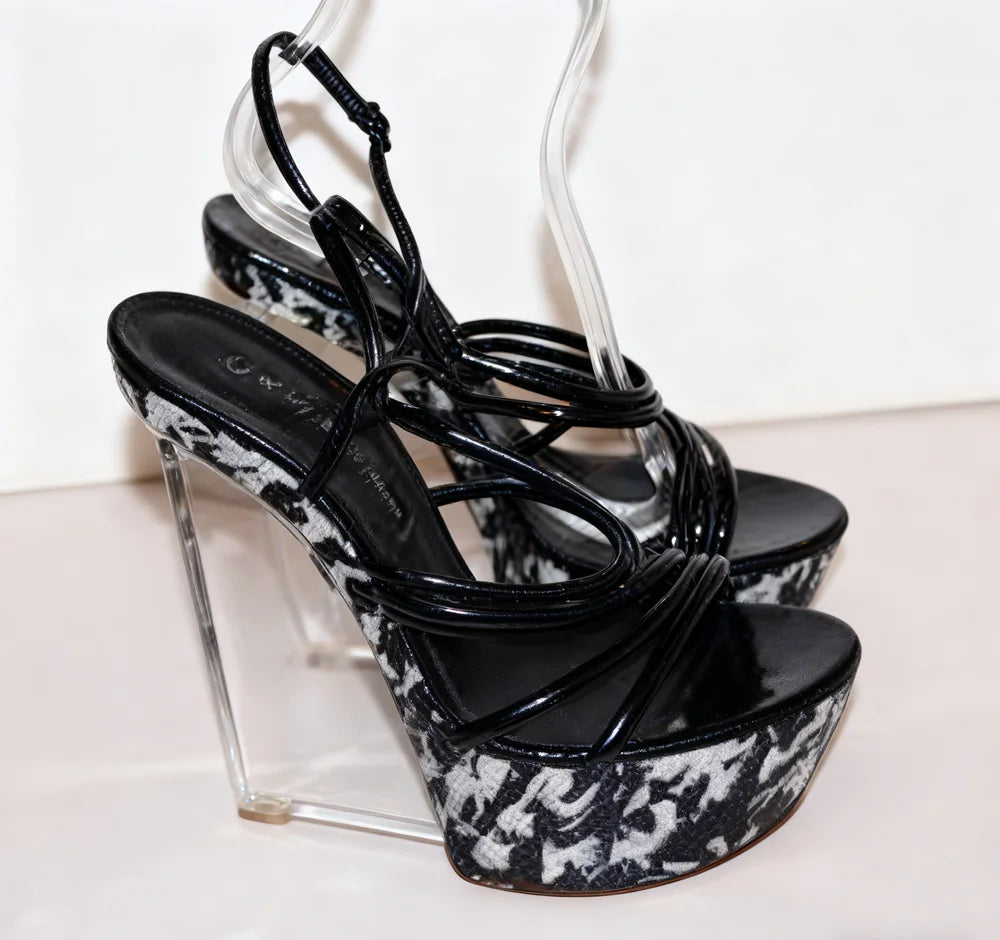 Unique Black and White Floral Print Platform Slingback Sandals Clear Sculptural Heel Multi-Strap Design High Heel For Woman