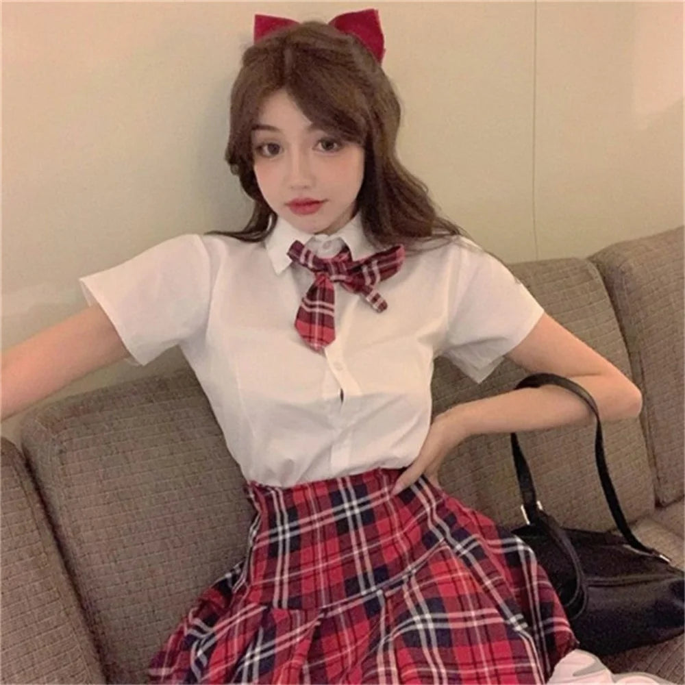 Short Sleeves Japanese School Uniform Girl Sailor Dress Red/Tibetan Blue Plaid Skirt Uniformes Korean Costumes For Girls