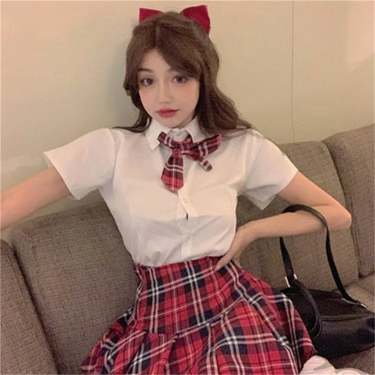 Short Sleeves Japanese School Uniform Girl Sailor Dress Red/Tibetan Blue Plaid Skirt Uniformes Korean Costumes For Girls