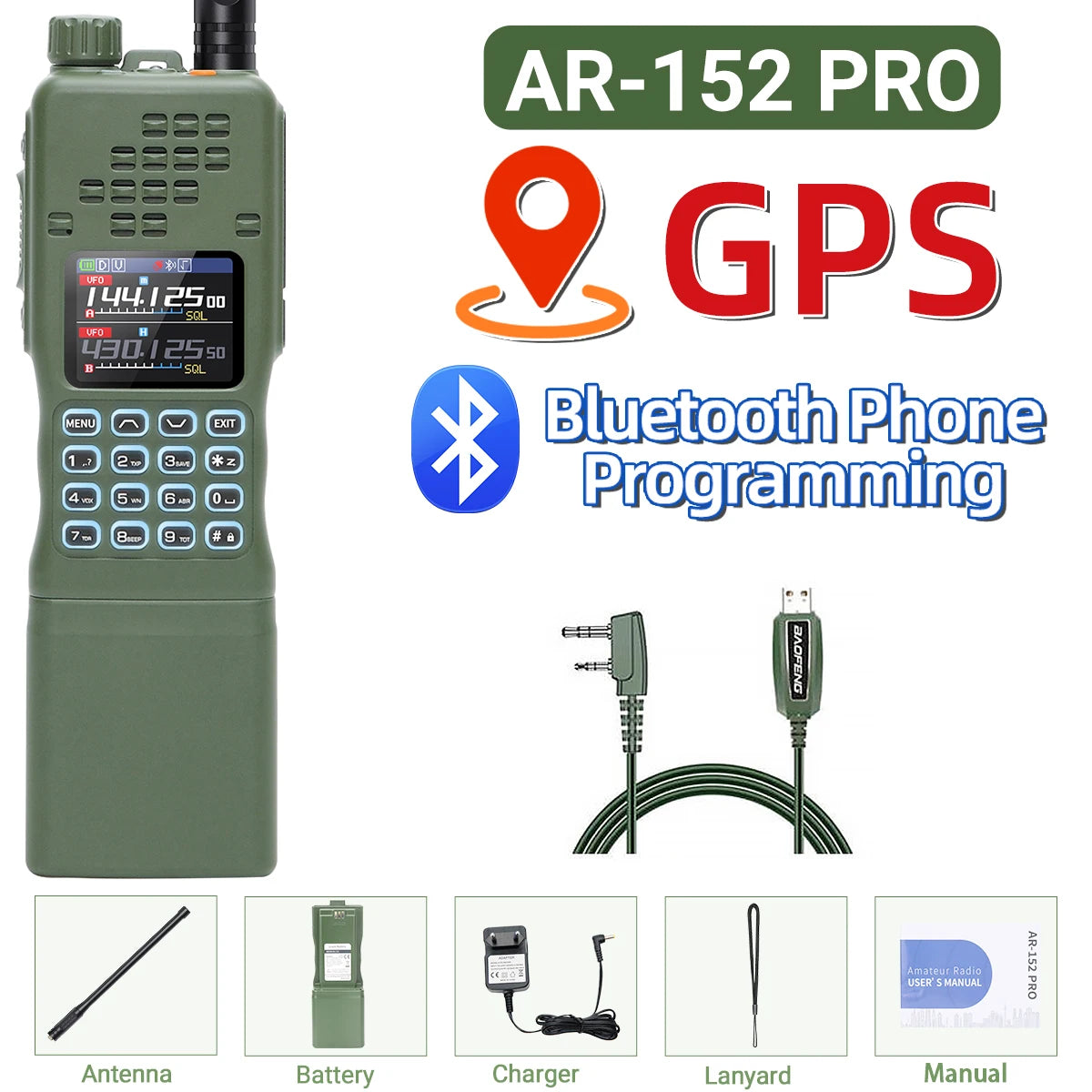 BAOFENG AR-152 PRO GPS Walkie Talkie  12000mAh  Multi Band Long Range Bluetooth 10W ProgrammingTri-power Two Way Radio UV-32