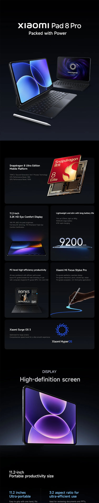 Xiaomi Pad 8 Pro 2025 11.2-inch 3.2K display Snapdragon 8 Ultra Edition  Xiaomi HyperOS 3 144Hz  9200mAh battery Tablet