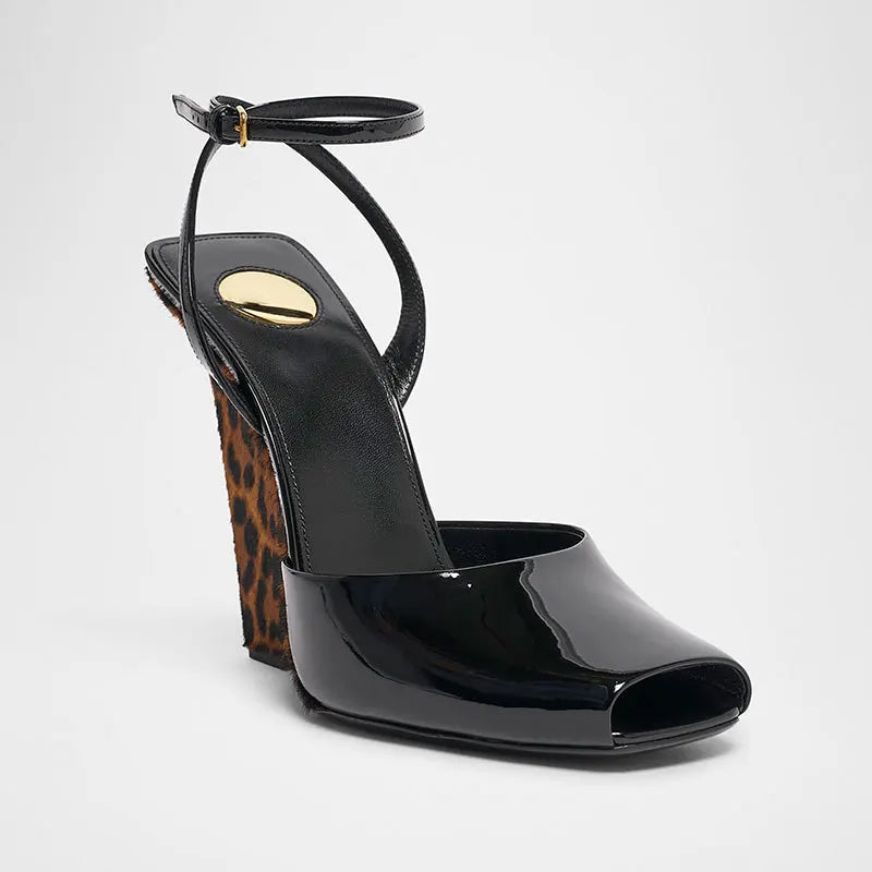 Ankle Strap Patent Leather Peep Toe Summer Women Sandals Wedges High Heel Buckle Strap Design Large Size Fashion Show Shoes