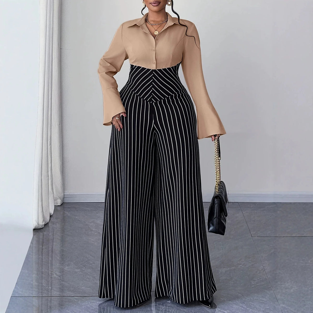 XL-4XL Plus Size Women Clothes Jumpsuit Clothes Long Sleeve Urban Leisure Bodysuit New Wide Leg Jumpsuit Wholesale Dropshipping