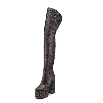 15CM Chunky Heel Platform Woman Over-the-knee Snake Pattern Boots Wild T Show Shoes Sexy Slimming Stretch Thigh Boots For Women