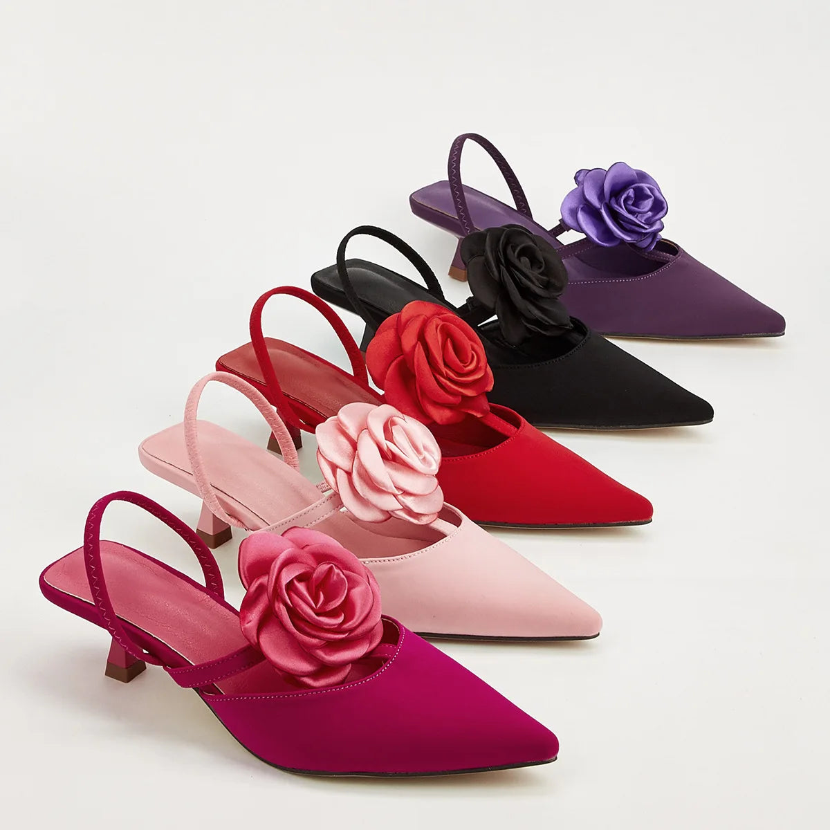 INSIGHTLINK Pink Women's Pointy Toe Kitten Heels Slingback Pumps Elegant Satin Sandal Rose Flower Office Shoes Luxury Stilettos
