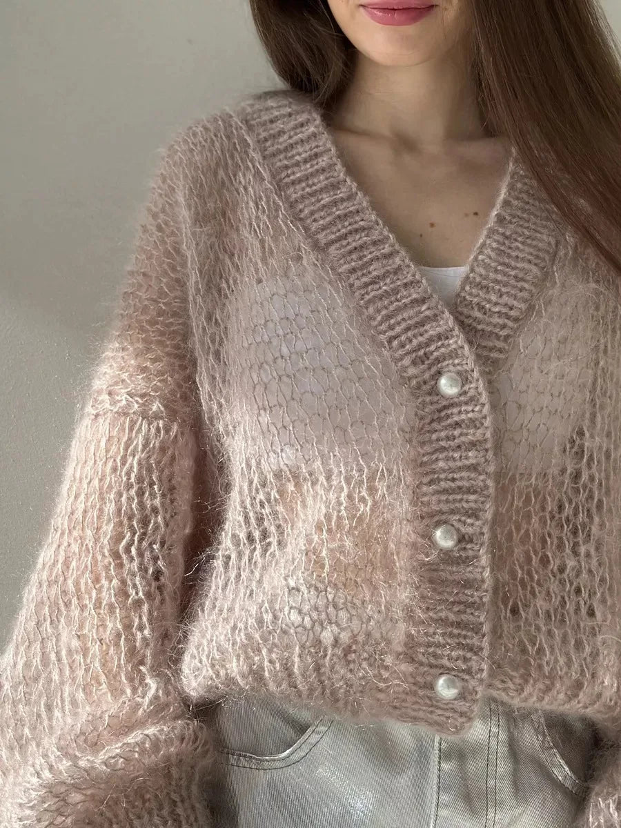 Women Knitting Cardigan 2026 New Women Mohair Knit Cardigan Hollow Out Sheer Long Sleeve Casual Knitted Outerwear Sweater