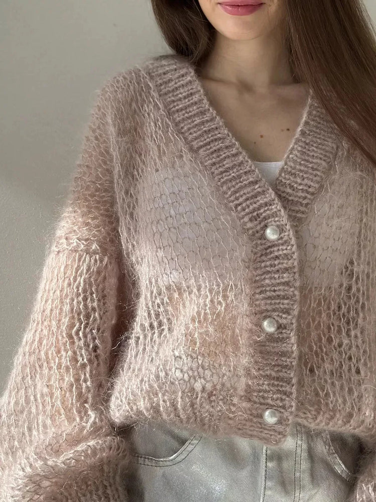 Women Knitting Cardigan 2026 New Women Mohair Knit Cardigan Hollow Out Sheer Long Sleeve Casual Knitted Outerwear Sweater