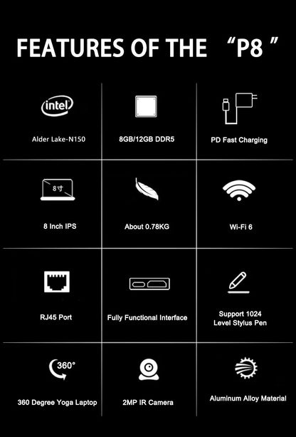 CRELANDER P8 8 Inch Mini Laptop Touchscreen Rotating 360 Degree Intel Alder N150 12GB WiFi6 Notebook Tablet PC Protable Laptops