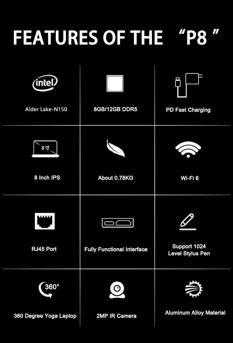CRELANDER P8 Mini Laptop 8 Inch Touch Screen Intel Lake N150 12GB DDR5 WiFi 6 2 In 1 Laptop Notebook Tablet PC Pocket Laptop