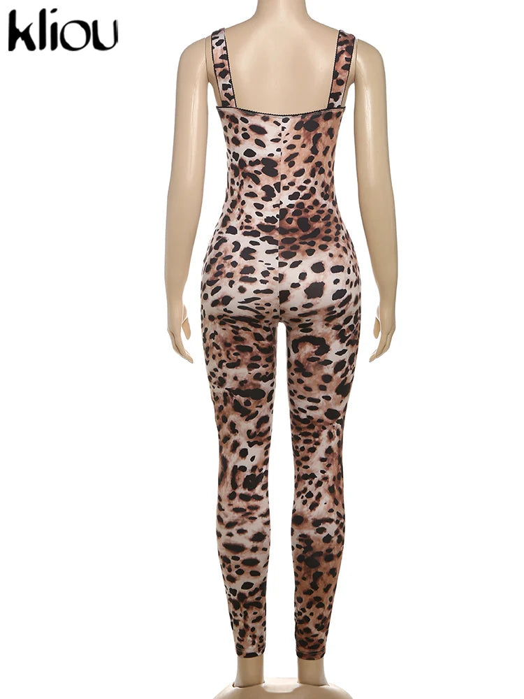kliou Leopard Printed Women Jumpsuits Sexy Hot Popular Low Neck Spaghetti Strap Skinny Overalls Female Trend Midnight Clubwear