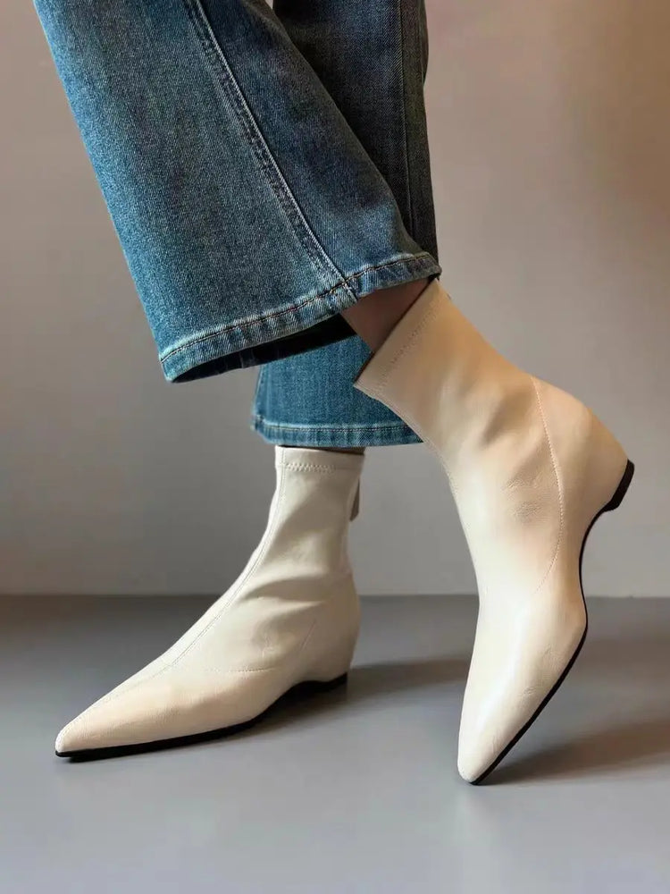 Flats Women's Ankle Boots Luxury Pointed Toe Leather Shoes Winter Sexy Short Boots 2025 Elegant Dress Chelsea Boots Mujer Shoes