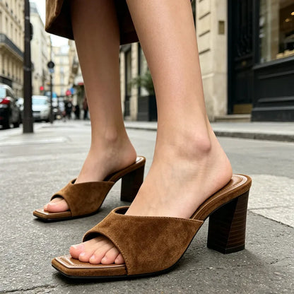 Elegant Faux Suede Chunk High Heel Mule Sandals Women Backless Square Toe Slippers for Ladies 2026 Summer Luxury Designer Shoes