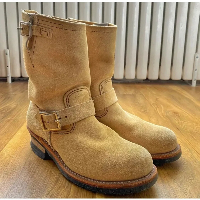Handmade Vintage Velvet Khaki Work Boots Men's American Style Mid-Calf Retro Thick Bottom Belt Buckle Motobike Leather Boots