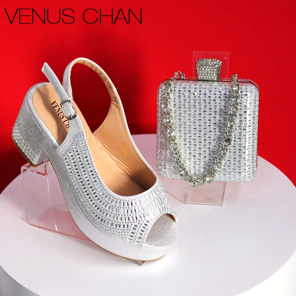 High Heels 2024 Women's Purple Luxury Designer Split Square Toe Rhinestone Wedding Shoes and Wedding Set