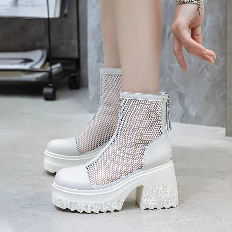Square Heel Single Boots Summer New Round Head Splicing Mesh Back Zipper Waterproof Platform Non-slip Short Boots