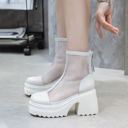 Square Heel Single Boots Summer New Round Head Splicing Mesh Back Zipper Waterproof Platform Non-slip Short Boots