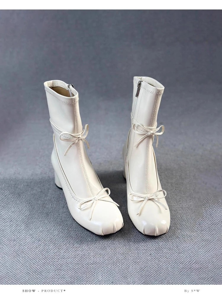 2026 New Style Women's Thick Heel Slim Boots - Early Spring New Style Bowknot Short Boots