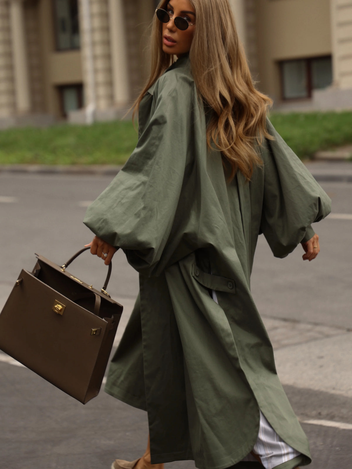 Women's Brown Stand Up Collar Long Long Trench Coat  Lantern Sleeve Side Slit Loose Windbreaker 2026 Spring Autumn Fashion Coat