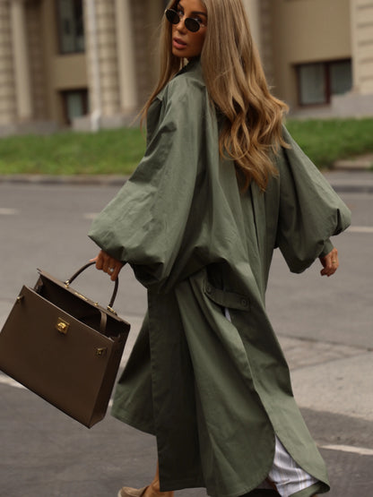 Women's Brown Stand Up Collar Long Long Trench Coat  Lantern Sleeve Side Slit Loose Windbreaker 2026 Spring Autumn Fashion Coat