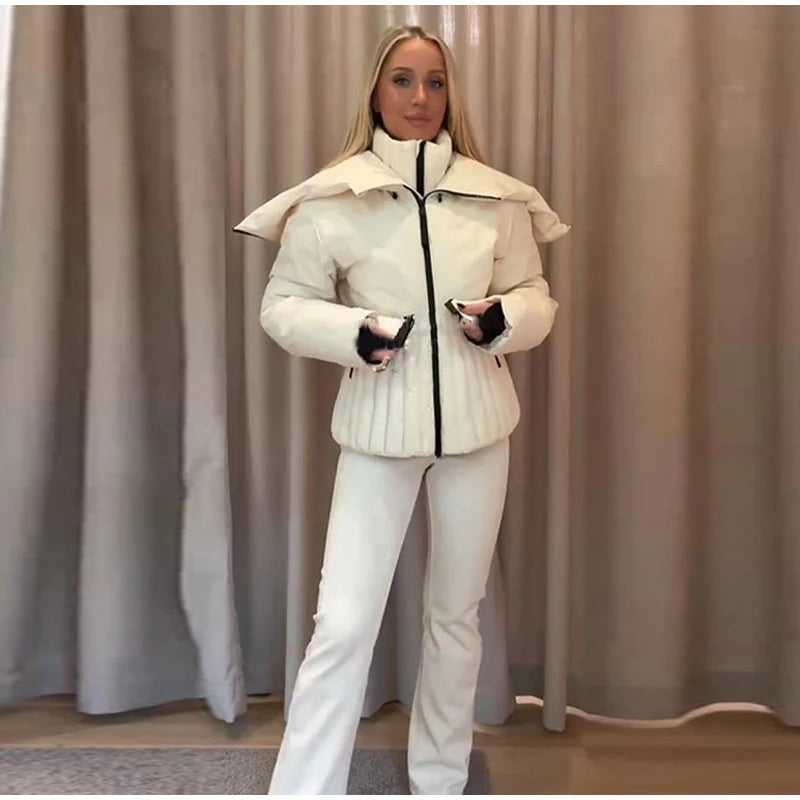 Women's Chic White Hooded Ski Jumpsuit with Waist Belt Warm Snowproof One-Piece Snow Wear Winter Sports Fashion Lady Snowsuit