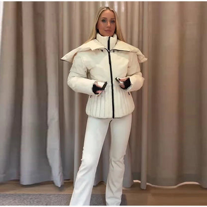 Women's Chic White Hooded Ski Jumpsuit with Waist Belt Warm Snowproof One-Piece Snow Wear Winter Sports Fashion Lady Snowsuit