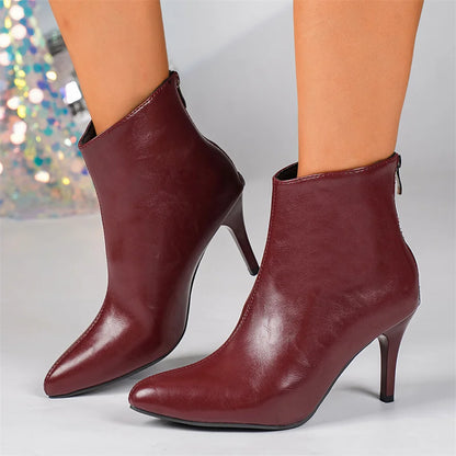 New Winter Soft PU Leather Women Ankle Boots Pointy Toe Side Zipper High Heels Stiletto Shoes Black Sexy Ladies Work Boots Party