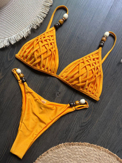 Sexy Brown Bikini Set 2026 Women Pearls Strap Hole Out Push Up Bra Thong Swimsuit Brazilian Beach Bathing Suit Micro Swimwear