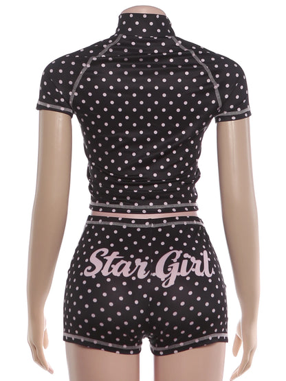 Kliou Polka Dot Print 2 Piece Set Woman Zip Turtleneck Short Sleeve Crop Tops+Skinny Shorts Street Sexy Fashion Style Outfits