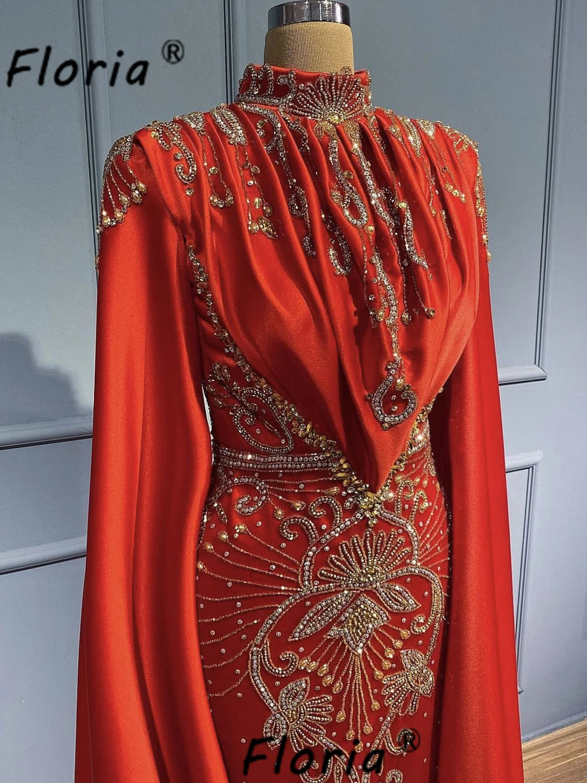 New Modest Red Satin Wedding Dress Fully Handmade Beads Crystal Formal Evening Dress Long Cape Sleeve Gala Party Gown Customized