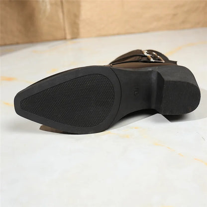 Retro Belt Buckle Women Short Ankle Boots Plus Size 43 Autumn Zipper Soft Leather Square Heel Ladies Pointed Toe Party Shoes New