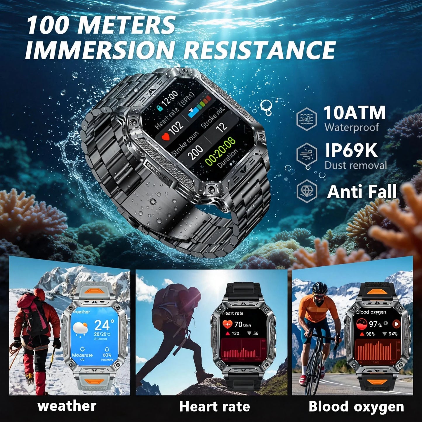 2026 New Military outdoor 1400mAh Battery SmartWatch Men Waterproof Call 2.01" HD AMOLED Sports Heart rate Flashlight Smart Band