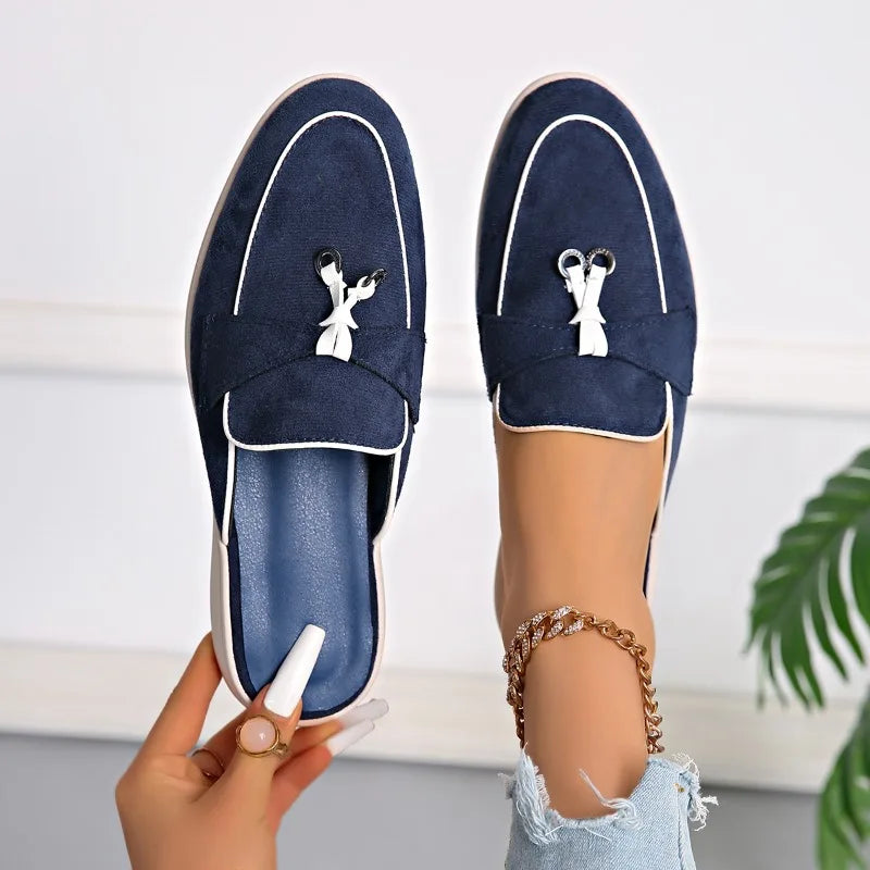 Four Seasons Women Suede Tassel Decor Backless Mule Loafers Non-Slip Flat Sole Slip-On Office Work Daily Casual Walking Shoes