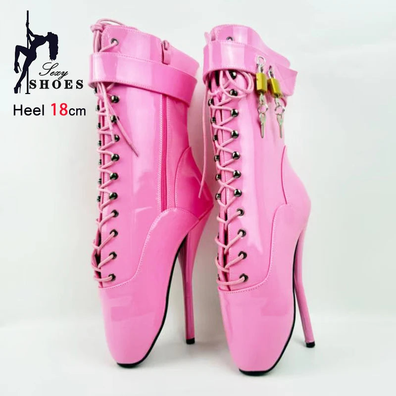 18CM/7Inch Stiletto Super High Heel Lock Wrap Strap Ankle Ballet Boots Fetish Shoes 2025 New Women Pink Sexy Short Booties Mujer