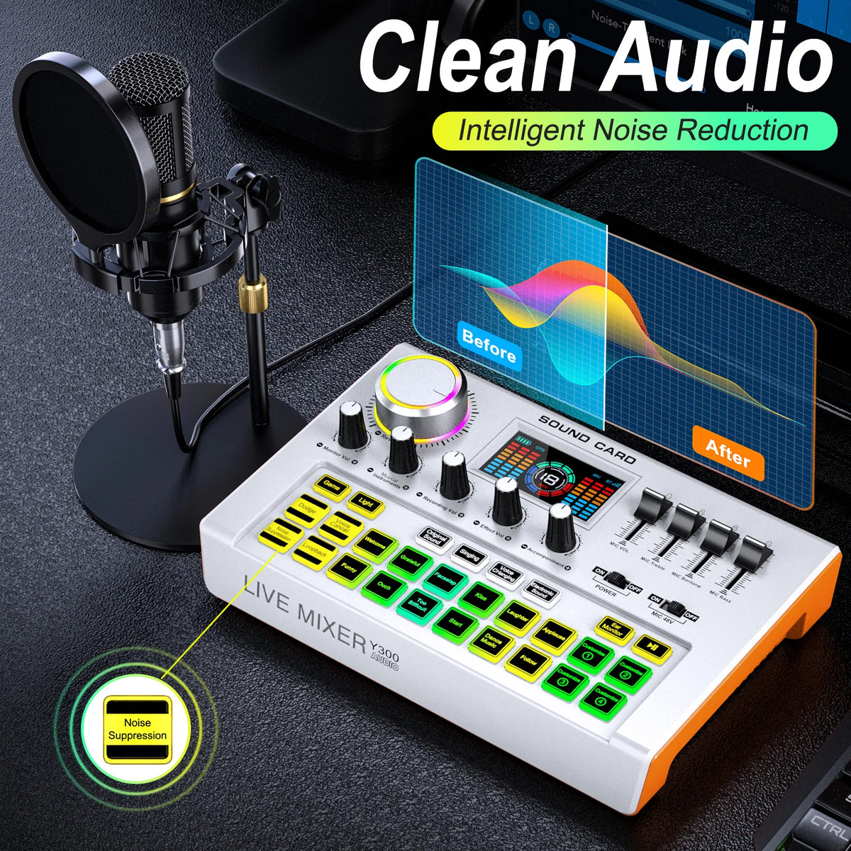 Tenlamp Y300-BM800 Podcast Equipment Bundle Kit for 4 People, Live Sound Card Audio Mixer with 3.5mm Condenser Mic for PC Phone, Professional Studio Setup for Live Streaming Gaming Karaoke Vlog