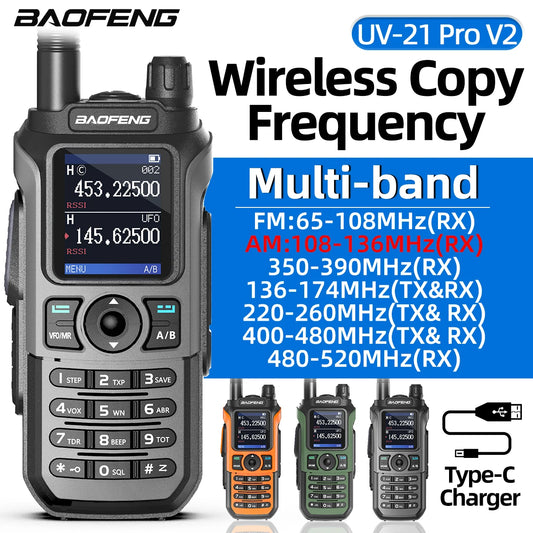 Baofeng UV-21 Pro Walkie Talkie V2 Multi-band Wireless Copy Frequency Waterproof Long Range Type-C Two Way Radio For Camping