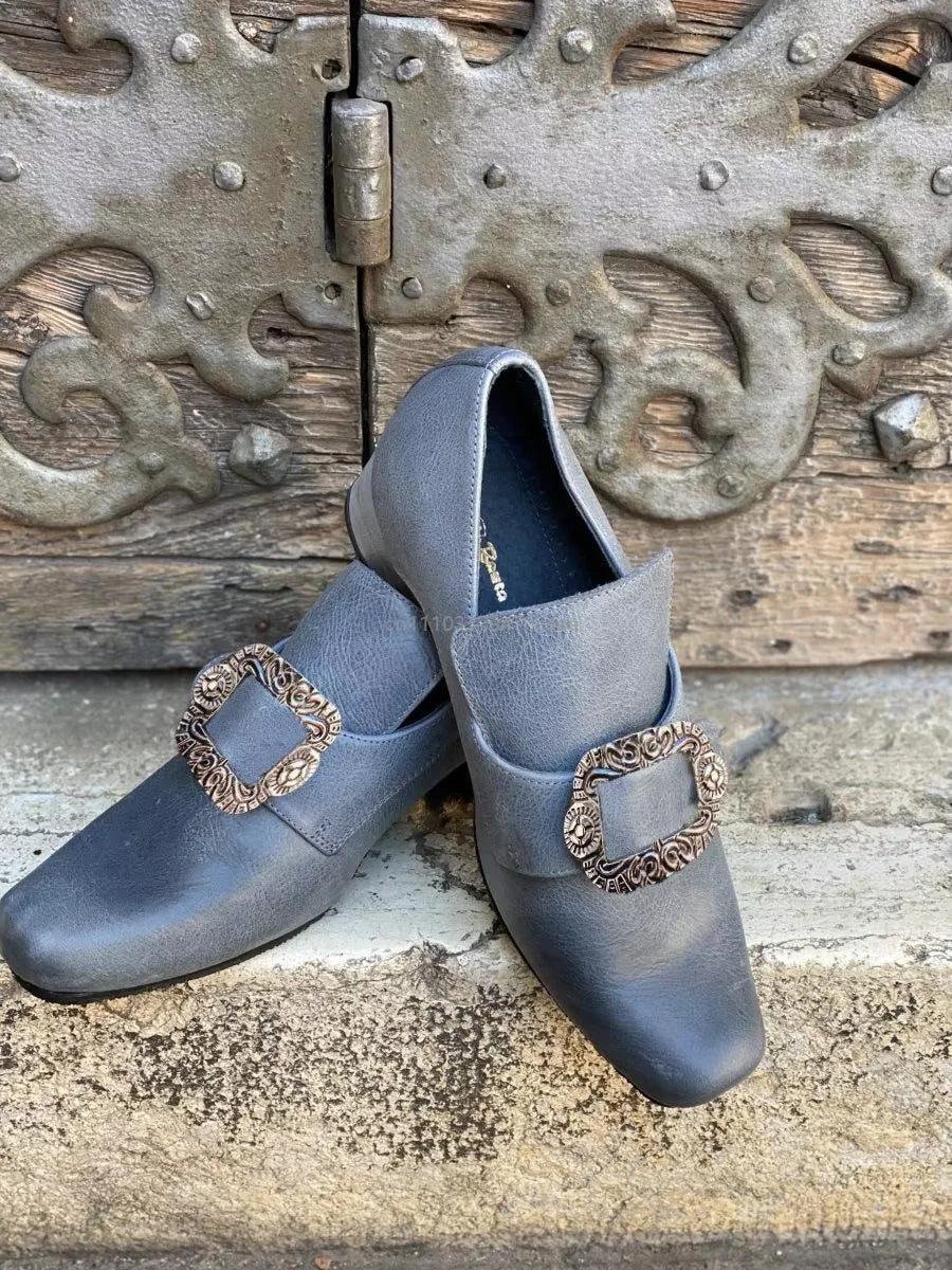 Vintage Medieval Renaissance Frock Shoes Unisex Block Heels With Buckle Boot Halloween Cosplay Costume Party Historical Footwear