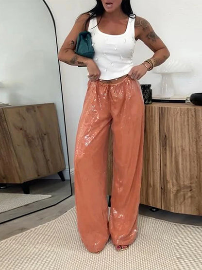Elegant Sequined Women's Trouser Mid-Waist Lace Up Straight Mop Pants 2026 Summer Autumn Fashion Female All-Match Bottom