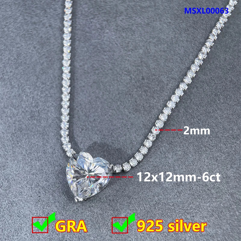 Tennis Chain 6CT Heart Moissanite Necklace for Women S925 Silver 18K Gold Plated Pendant Women's Moissanite Diamond Necklace