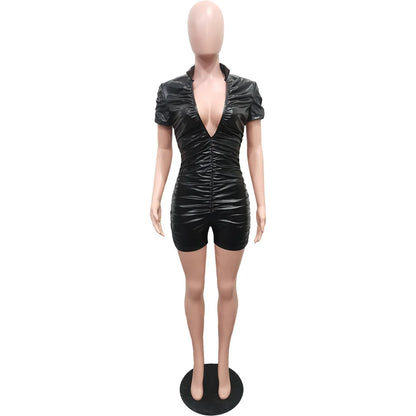 HLJ Black Sexy Deep V Short Sleeve Bodycon Rompers Women Stacking Design Slim Shorts One Piece Jumpsuit Female Nightclub Overall