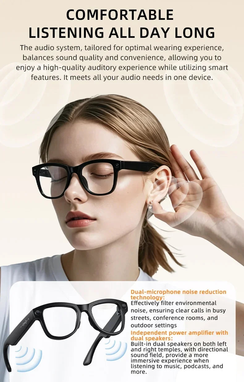 Smart Glasses with Camera 8MP HD Photo Video Recording EIS Anti Shake 1400mAh Charging Case WiFi Sync Transfer for Men Women