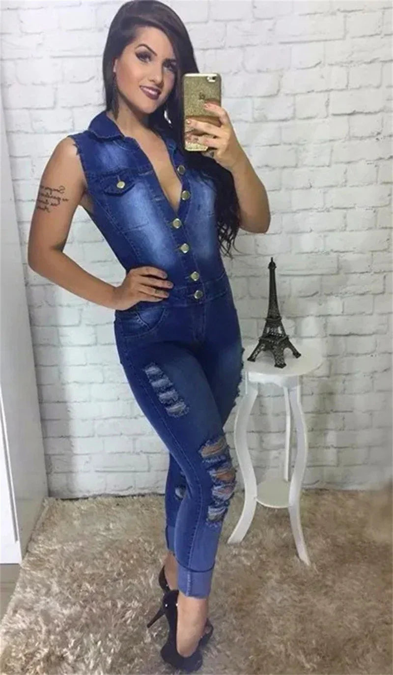 Streetwear Ripped Jeans Jumpsuit Women Summer Clothes Women 2024 Sleeveless Catsuits Denim Rompers Playsuits One Pieces Overalls