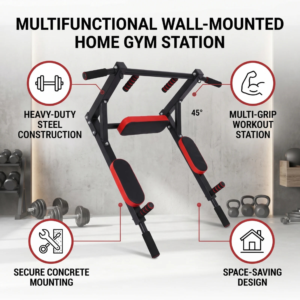 Wall Mounted Pull Up Bar Wall-Mounted Pull-Up Bar Dip Station Multifunctional for Home Gym Indoor Workout Supports to 551LBS
