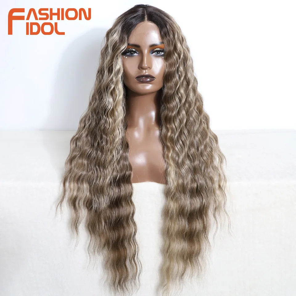 FASHION IDOL 30inch/75cm Water Wave Lace Wigs Synthetic Curly Lace Front Wigs Cosplay Ombre Blonde Hair Wigs For Black Women