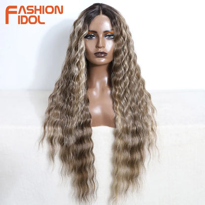 FASHION IDOL 30inch/75cm Water Wave Lace Wigs Synthetic Curly Lace Front Wigs Cosplay Ombre Blonde Hair Wigs For Black Women