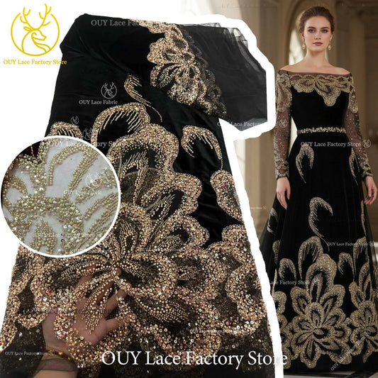 Luxury African Velvet Gold Beaded Sequins Lace Fabric 5 Yards Wine Red Groom Embroidery French Tulle Lace For Women Party Dress